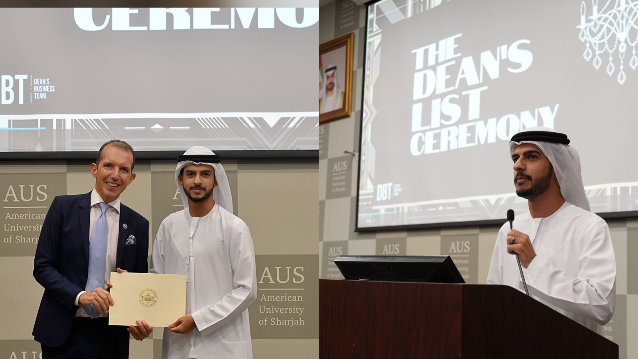 Haitham Alkindi presenting and receiving his Dean's List award at the American University of Sharjah's Dean's List Ceremony